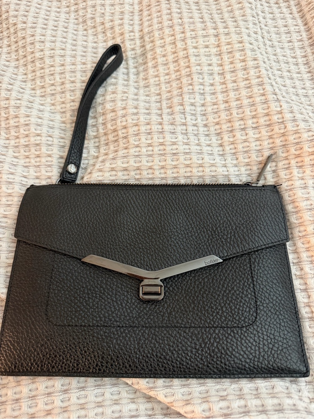 Botkier Black Pebbled Leather Wristlet Clutch with Silver Hardware